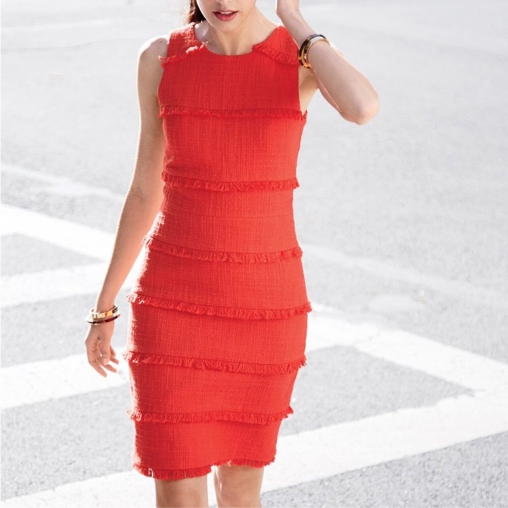 J.Crew Tweed Fringe Sleeveless Cotton Classic Sheath Dress Red Orange Size 4